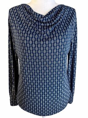 Ann Taylor Navy White Chain-Print Cowl Neck Blouse Size L